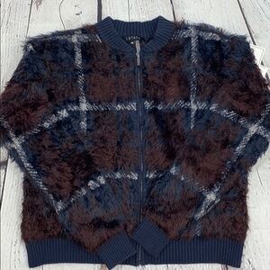 NWT 1.State plaid feather sweater bomber jacket full zipper medium